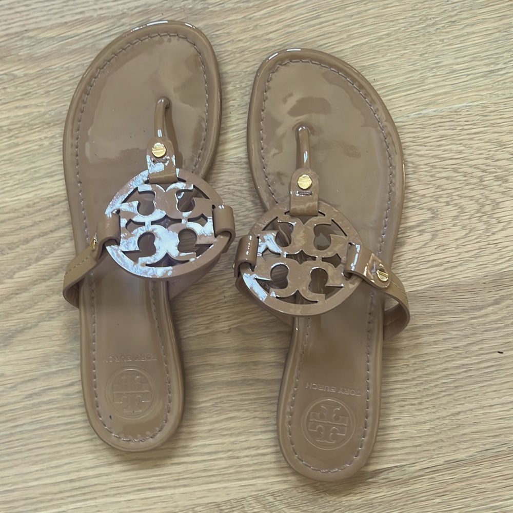 Tory Burch Miller sandals; color: sand; patent leather; EUC